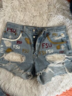 Levi's Light Blue Embroidered & Painted Distressed Denim Shorts